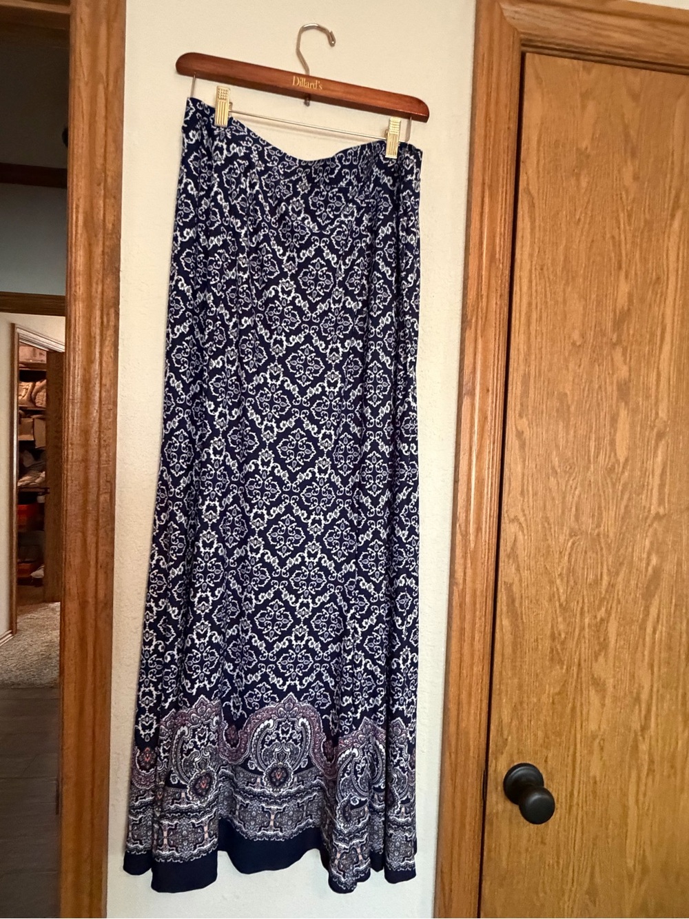 Cato Navy and White Printed Maxi Skirt with Border Design